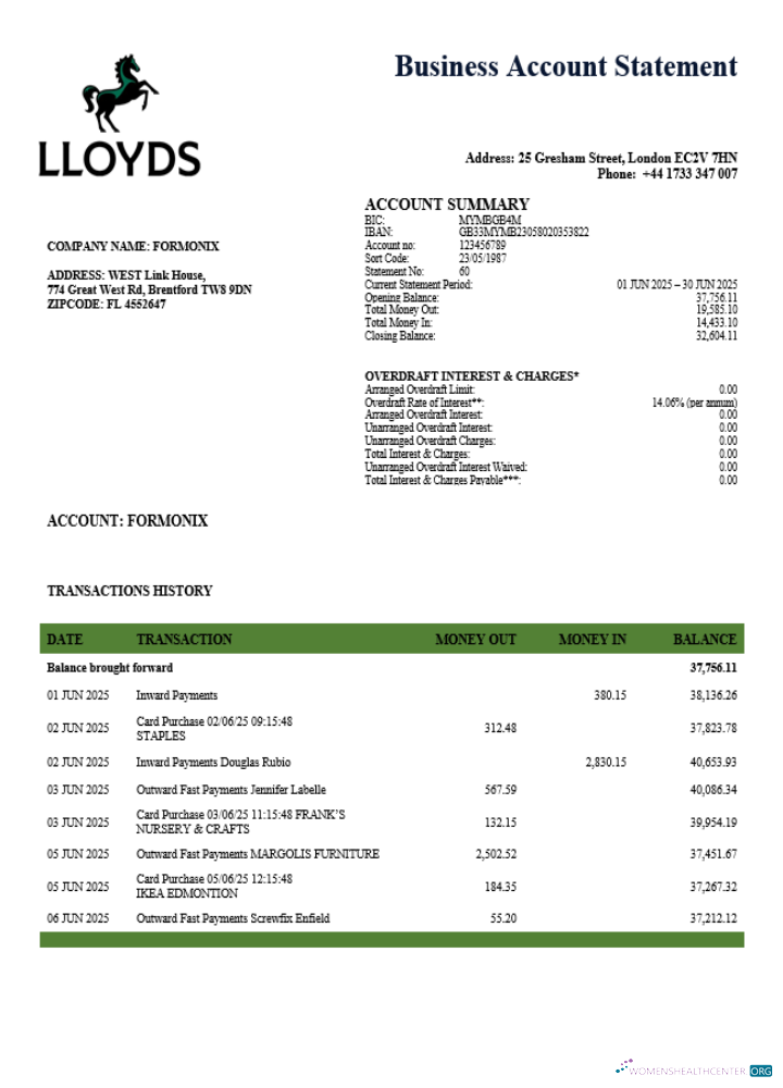 Download United Kingdom Lloyds organization statement Word and PDF template Photoshop template